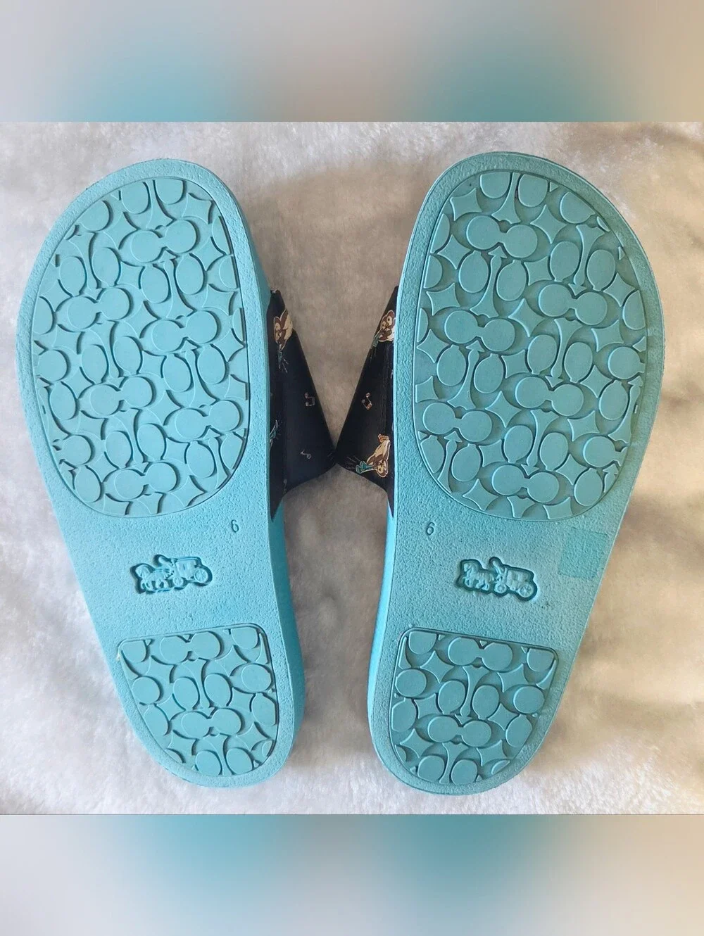 Coach Turquoise and Black Slide Sandals with Owl Motif